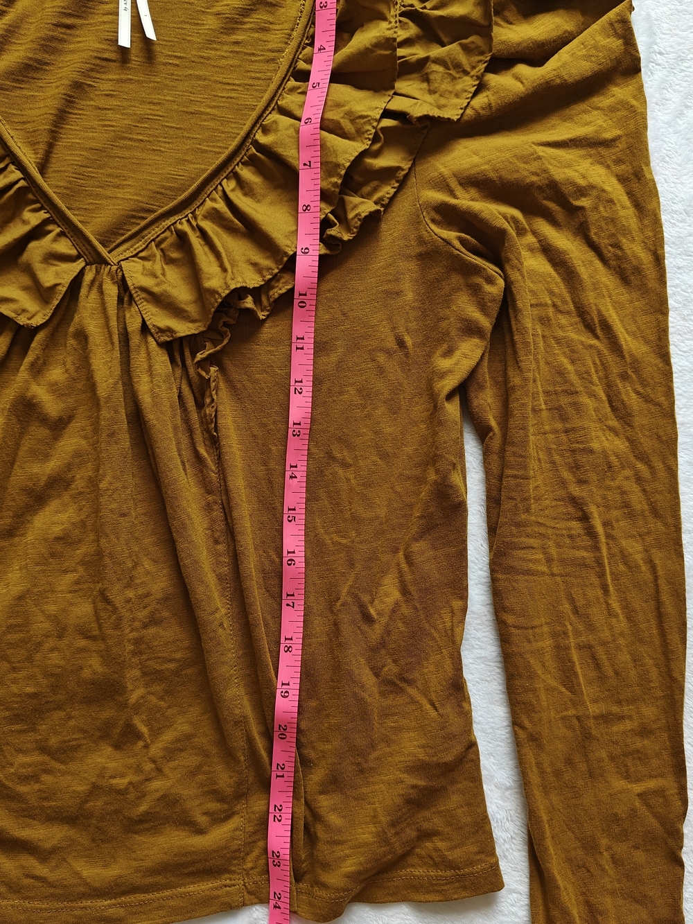 Anthropologie Women Solid Mustard Cotton Knit Ruffle V-Neck Puff Sleeve Blouse L - Picture 4 of 10
